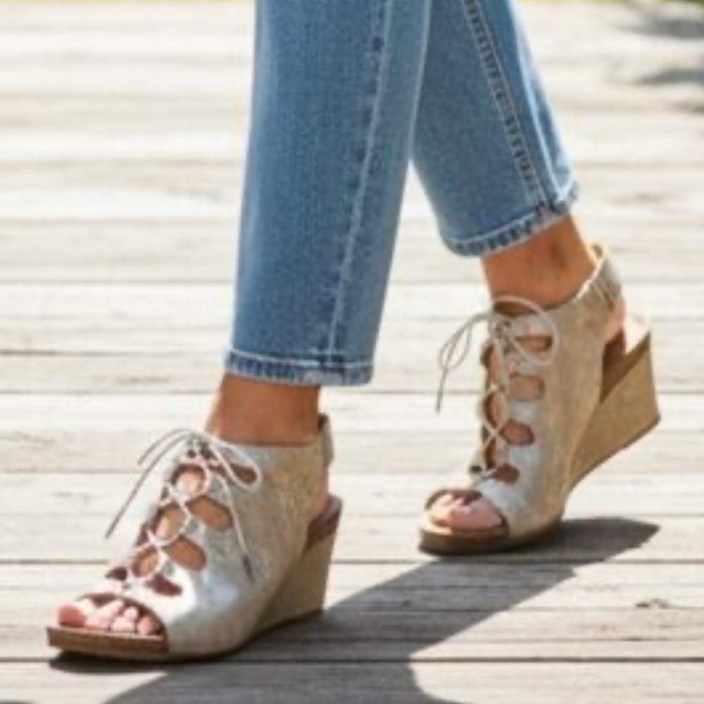 Sofft Maize Ghillie Lace Brown/Gold Metallic Nubuck Comfort Wedge Sandals 8 Boho - Picture 14 of 14
